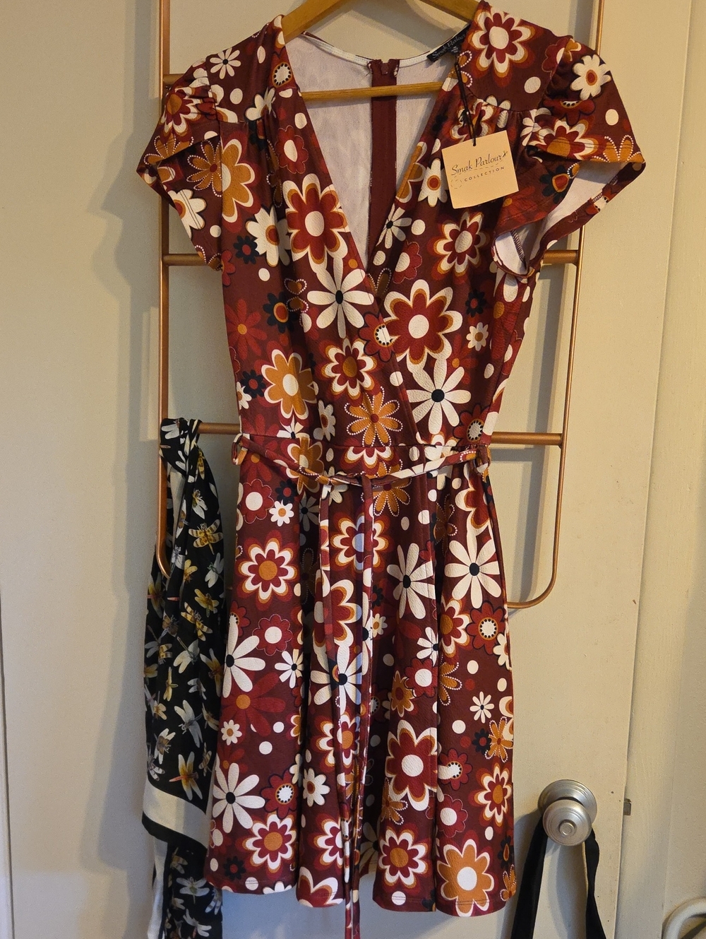 Smak Palour Unique Vintage Faux Retro Floral Wrap Dress in Burgundy